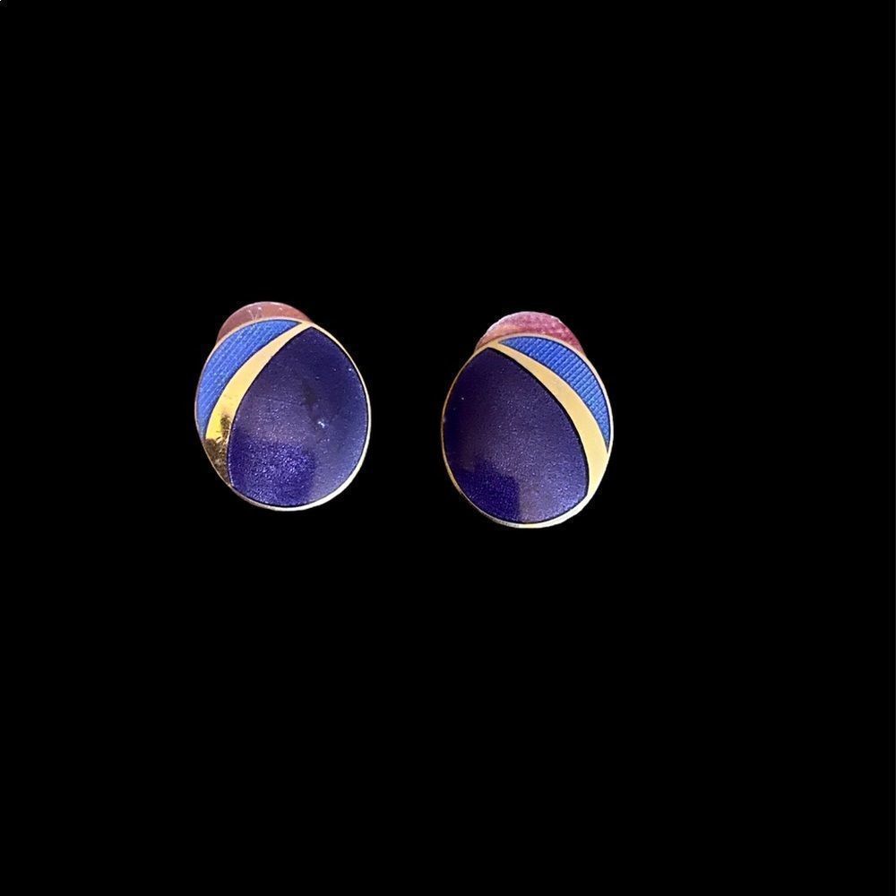Classic Navy and Gold Enamel Oval Stud Earrings - Women Jewelry Earrings